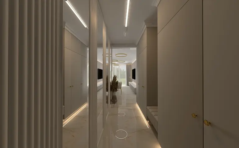 Nowoczesny przedpokój w stylu art deco i glamour z jasnymi meblami i oświetleniem.