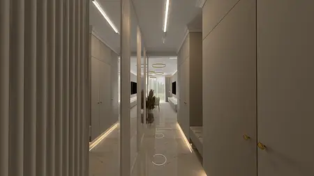 Nowoczesny przedpokój w stylu art deco i glamour z jasnymi meblami i oświetleniem.