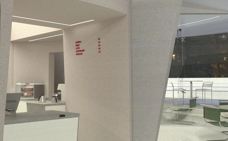 Wnętrze nowoczesnej kawiarni z minimalistycznym designem i jasnymi ścianami.