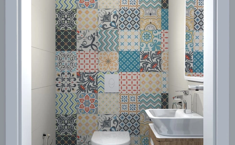 Toaleta z kolorowymi płytkami, drewnianą szafką, w stylach: dopamine decor, industrialny, japandi, minimalistyczny, minimaluxe, nowoczesny, skandynawski, współczesny.