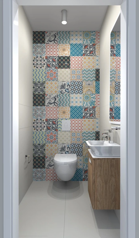 Toaleta z kolorowymi płytkami, drewnianą szafką, w stylach: dopamine decor, industrialny, japandi, minimalistyczny, minimaluxe, nowoczesny, skandynawski, współczesny.