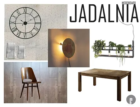 Moodboard jadalni z drewnianym stołem, roślinami i lampą w stylu skandynawskim.
