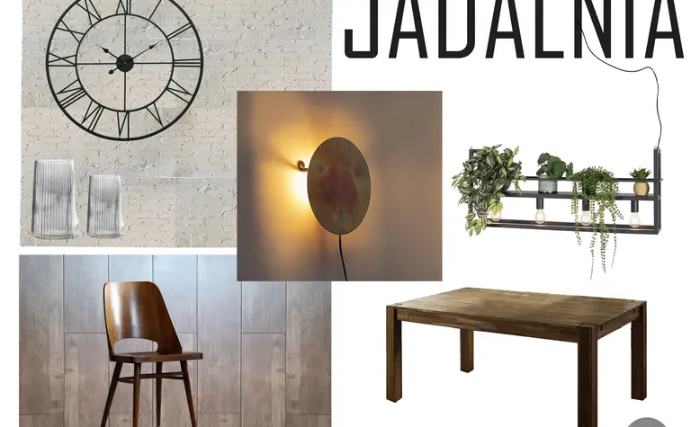 Moodboard jadalni z drewnianym stołem, roślinami i lampą w stylu skandynawskim.