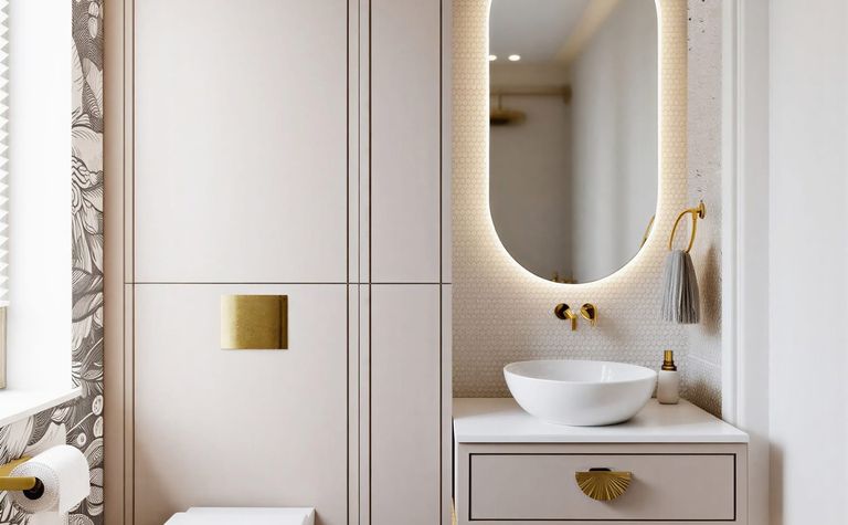 Nowoczesna łazienka z minimalistycznym designem, glamour akcentami i oświetleniem.