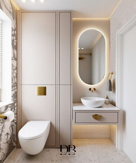 Nowoczesna łazienka z minimalistycznym designem, glamour akcentami i oświetleniem.