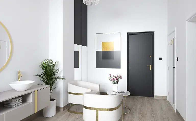 Przedpokój w stylu glamour z białymi meblami i nowoczesnymi detalami.