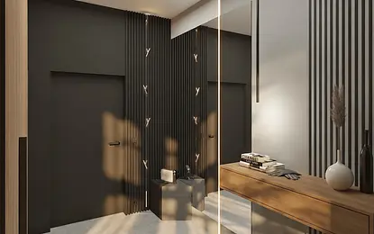 Wnętrze przedpokoju z minimalistycznym designem, lustrami i drewnianymi elementami.