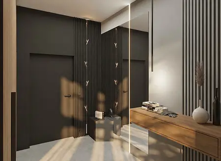 Wnętrze przedpokoju z minimalistycznym designem, lustrami i drewnianymi elementami.