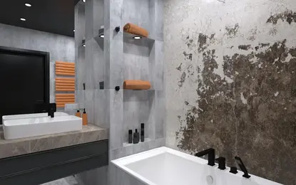 Wnętrze łazienki z szarymi płytkami, wanną i pomarańczowymi ręcznikami, styl industrialny.