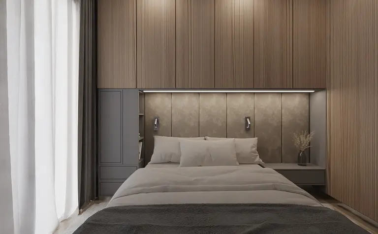 Sypialnia w stylach glamour, minimaluxe, nowoczesny, quiet luxury z jasnymi tkaninami.