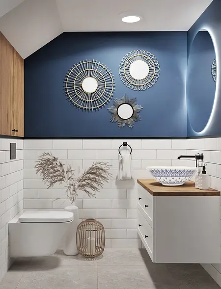 Łazienka z niebieską ścianą, białymi kafelkami, boho, eklektyczny, rustykalny, nowoczesny