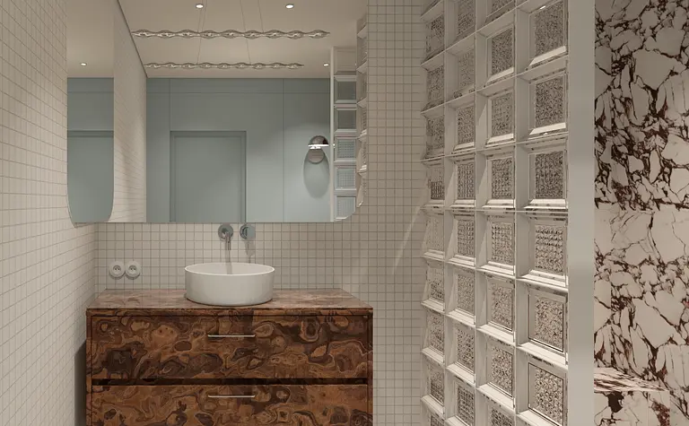 Wnętrze nowoczesnej łazienki z drewnianą szafką i szklanym prysznicem.