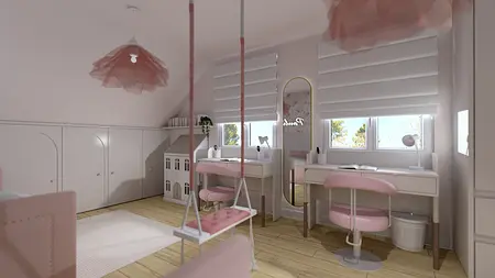 Wnętrze pokoju dla dzieci z różowymi detalami, biurkiem i huśtawką.
