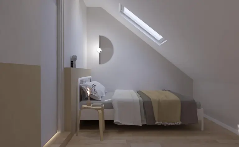 Sypialnia w stylu japandi i minimalistycznym z funkcjonalnym łóżkiem.