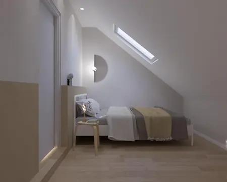 Sypialnia w stylu japandi i minimalistycznym z funkcjonalnym łóżkiem.