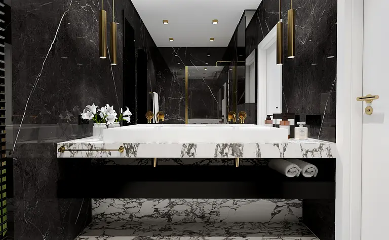 Nowoczesna łazienka z marmurowym blatem, czarnymi ścianami i złotymi akcentami, styl glamour, współczesny.