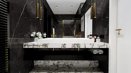 Nowoczesna łazienka z marmurowym blatem, czarnymi ścianami i złotymi akcentami, styl glamour, współczesny.