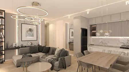 Stylowe wnętrze salonu w glamour i nowoczesnym stylu z jasnymi meblami.