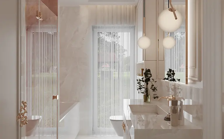 Nowoczesna łazienka w stylu glamour z białymi meblami i różowymi detalami
