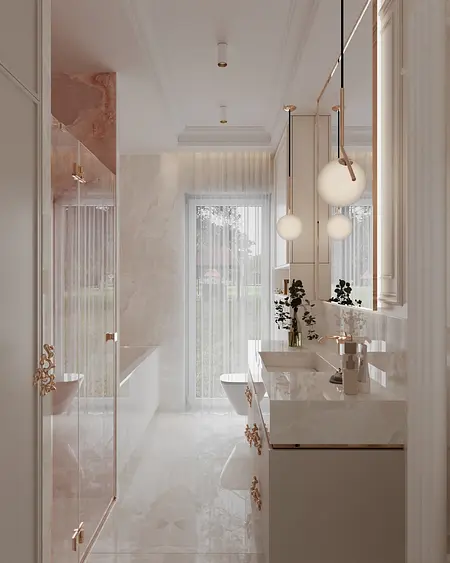 Nowoczesna łazienka w stylu glamour z białymi meblami i różowymi detalami