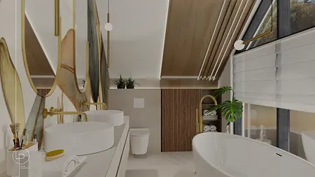 Wnętrze łazienki z białą wanną, drewnianymi detalami i nowoczesnymi akcesoriami.