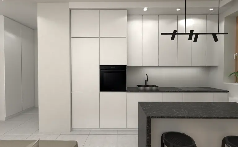 Nowoczesna kuchnia z białymi meblami i minimalistycznym industrialnym oświetleniem.