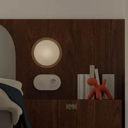 Wnętrze sypialni z dopamine decor, eklektycznym i minimalistycznym stylem.