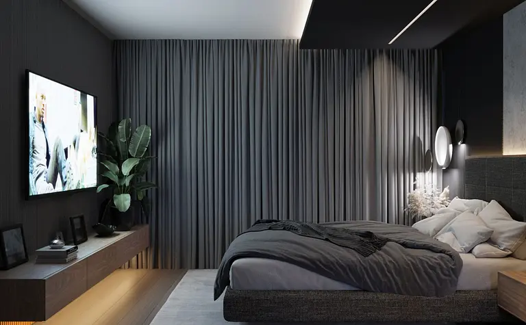 Wnętrze sypialni w stylu quiet luxury, współczesne z szarymi zasłonami i roślinnością.