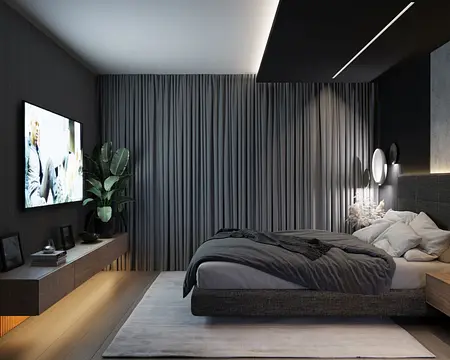 Wnętrze sypialni w stylu quiet luxury, współczesne z szarymi zasłonami i roślinnością.