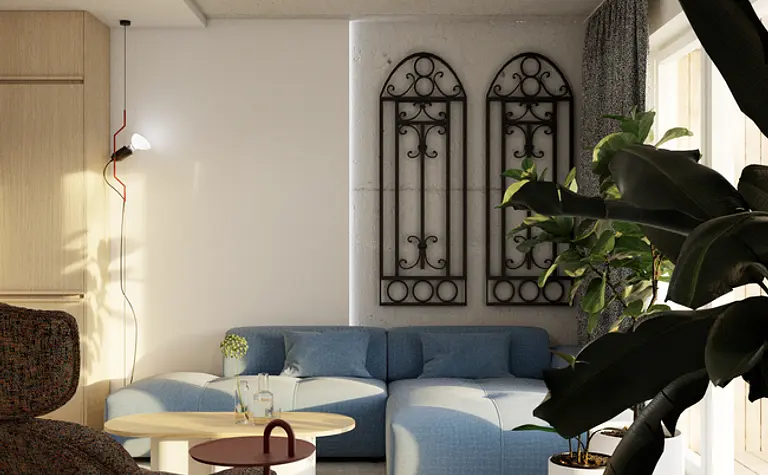 Wnętrze salonu w stylu eklektycznym z niebieską sofą, roślinami i minimalistycznym oświetleniem.