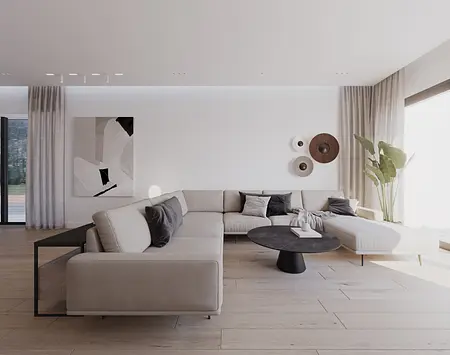 Wnętrze salonu w stylu minimalistycznym z jasnymi meblami i rośliną.
