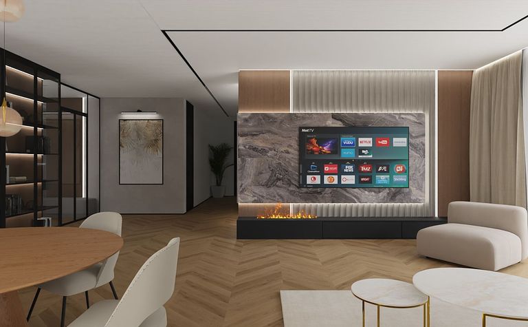 Nowoczesny salon z telewizorem na ścianie i kominkiem, industrialny styl.