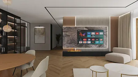 Nowoczesny salon z telewizorem na ścianie i kominkiem, industrialny styl.