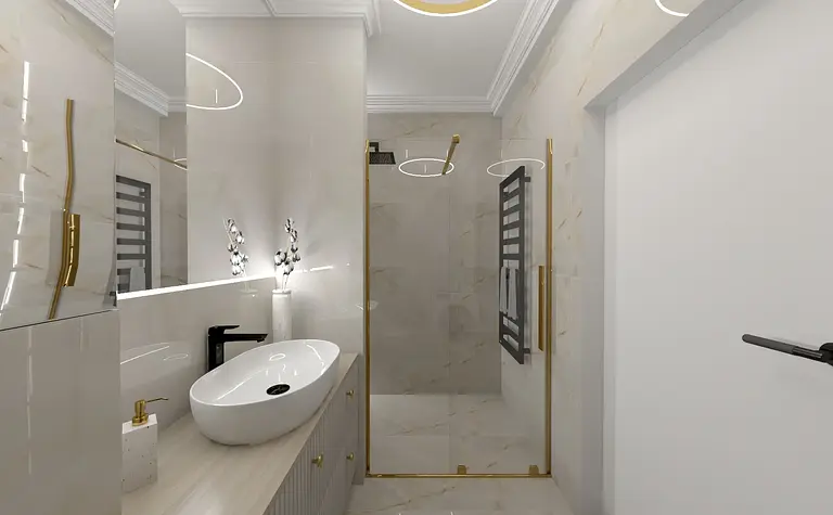 Wnętrze łazienki w stylu art deco z eleganckimi detalami glamour.