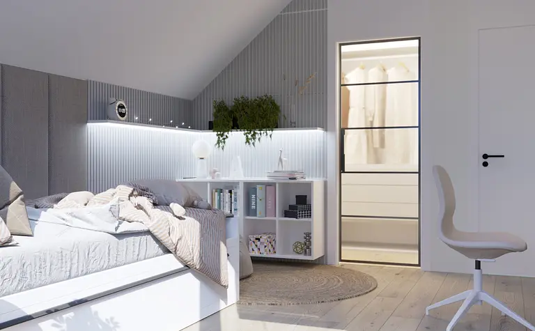 Wnętrze sypialni z białym łóżkiem, szafą i roślinnością, styl boho, nowoczesny, skandynawski.