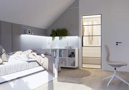 Wnętrze sypialni z białym łóżkiem, szafą i roślinnością, styl boho, nowoczesny, skandynawski.