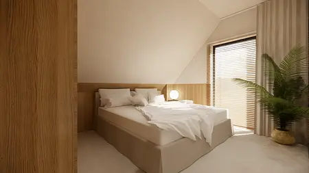 Wnętrze sypialni w stylu japandi z drewnianymi elementami i minimalistycznym wystrojem.
