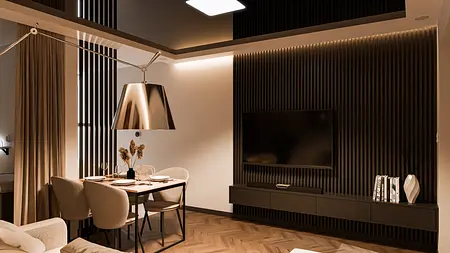 Wnętrze minimalistycznej jadalni z drewnianym stołem i nowoczesnymi krzesłami.