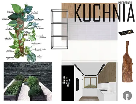 Moodboard kuchni z roślinami, drewnem i białymi akcentami, styl skandynawski.
