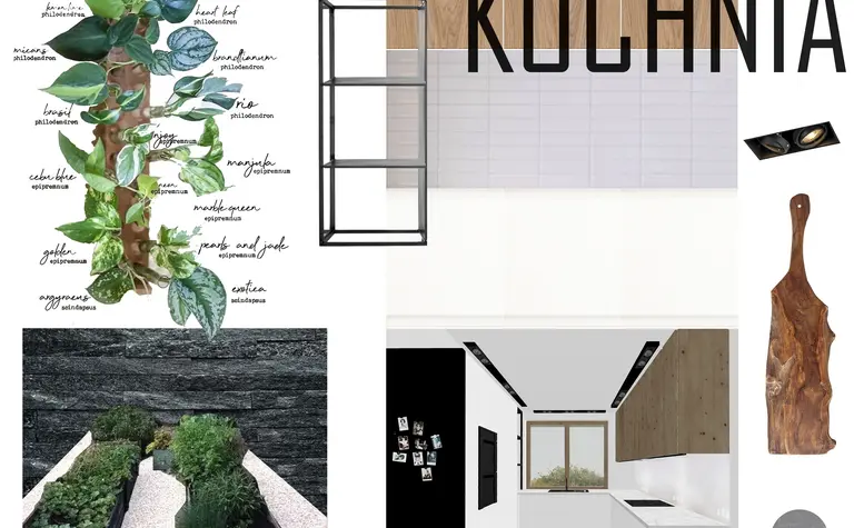 Moodboard kuchni z roślinami, drewnem i białymi akcentami, styl skandynawski.