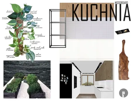 Moodboard kuchni z roślinami, drewnem i białymi akcentami, styl skandynawski.