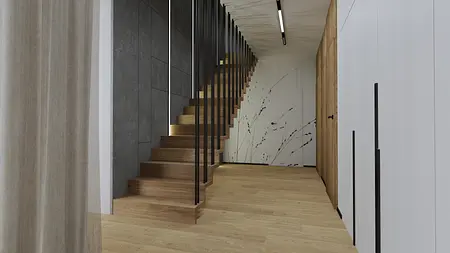 Korytarz z drewnianymi schodami i szarymi ścianami, nowoczesny design