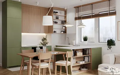 Wnętrze kuchni w stylu japandi z zielonymi meblami i drewnianymi akcentami.