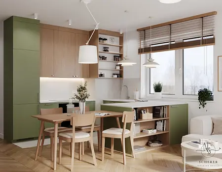 Wnętrze kuchni w stylu japandi z zielonymi meblami i drewnianymi akcentami.