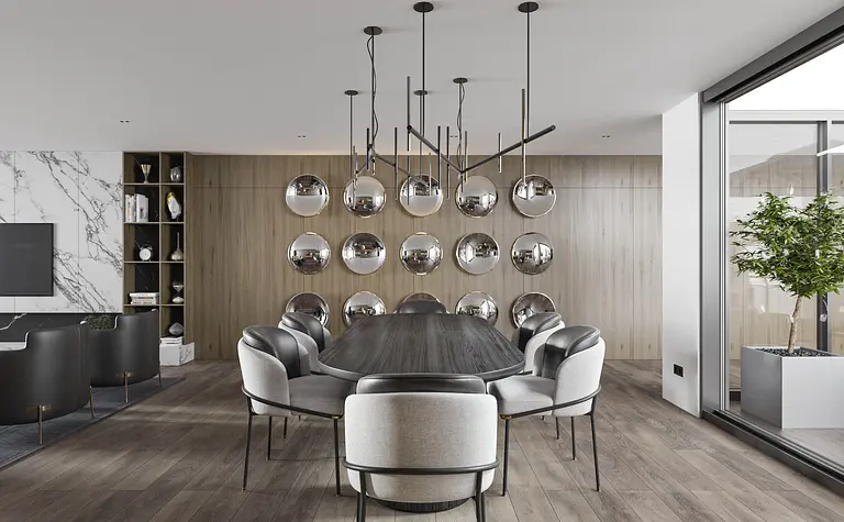 Wnętrze jadalni z minimalistycznym wystrojem, drewnianym stołem i nowoczesnymi krzesłami.