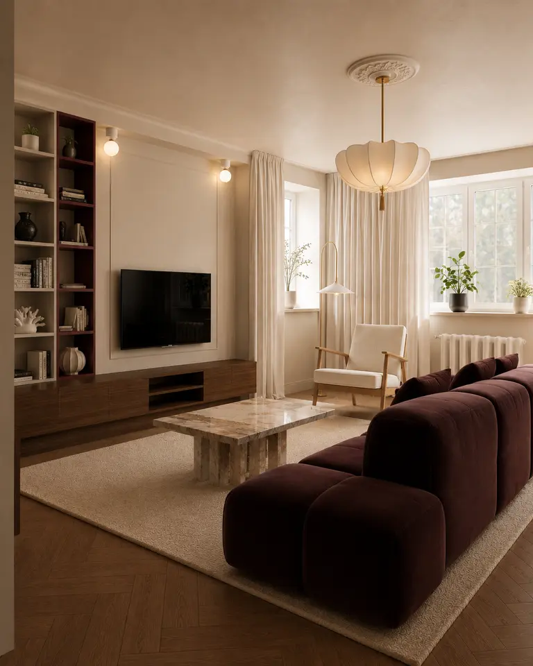 Wnętrze salonu w stylu art deco z brązową sofą i nowoczesnym oświetleniem.