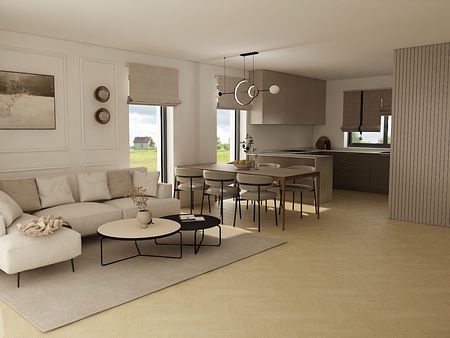 Przestronny salon z minimalistycznym wystrojem, soft minimalizm, współczesne meble.