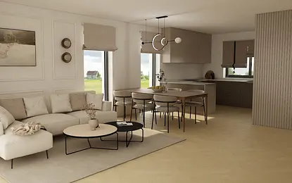 Przestronny salon z minimalistycznym wystrojem, soft minimalizm, współczesne meble.