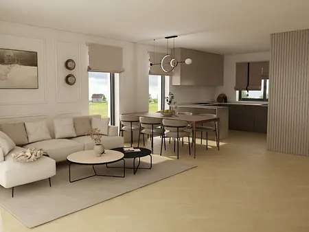 Przestronny salon z minimalistycznym wystrojem, soft minimalizm, współczesne meble.