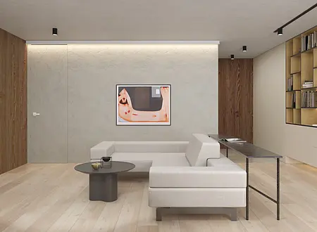 Wnętrze salonu w stylu japandi z minimalistycznymi meblami i drewnianymi detalami.